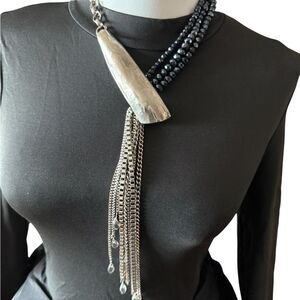 Statement Necklace Black Beads Silver Pendant Tassel Fashion Jewelry